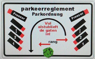 Schild mit der Parkordnung und schematischer Einpark-Anweisung auf Deutsch und Niederländisch